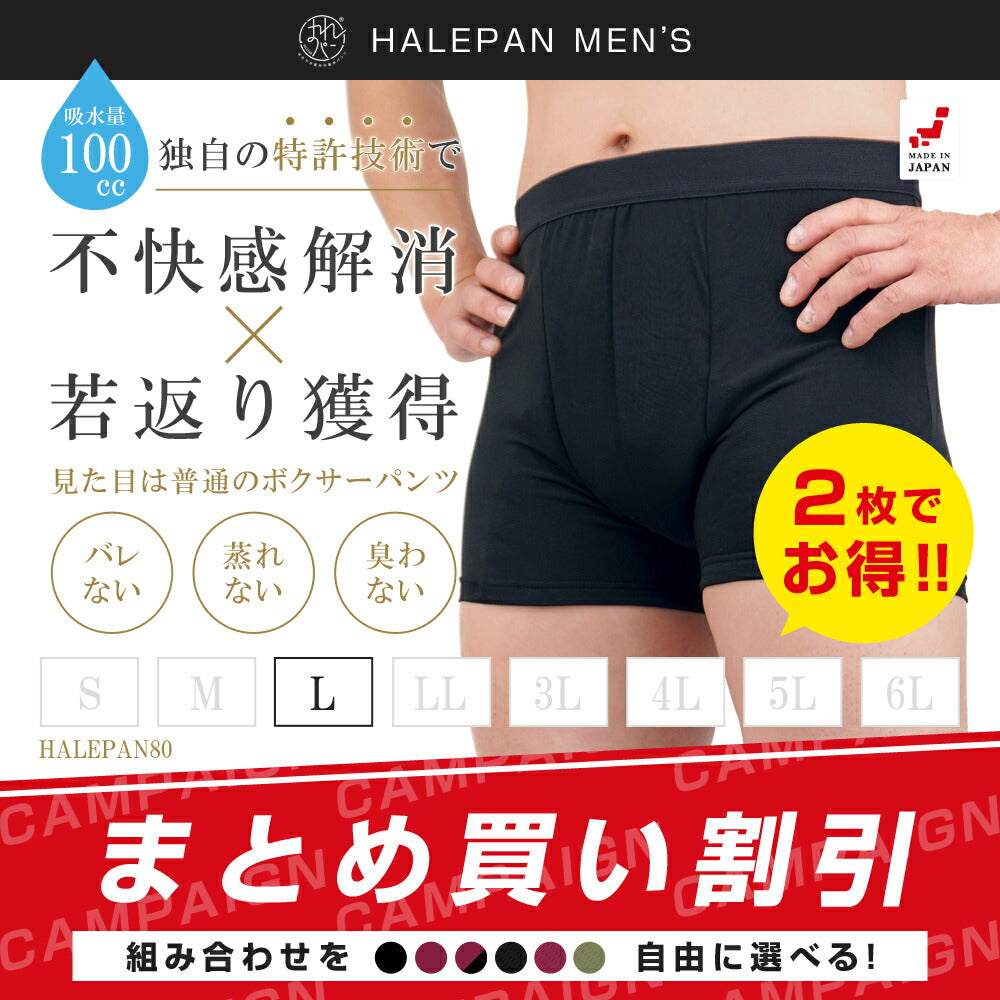 2枚セット | 尿漏れパンツ 男性用 失禁パンツ ボクサーパンツ メンズ 大容量タイプ 尿失禁 はれパン 80 防水 日本製 吸水パンツ 100cc Lサイズ | メール便送料無料