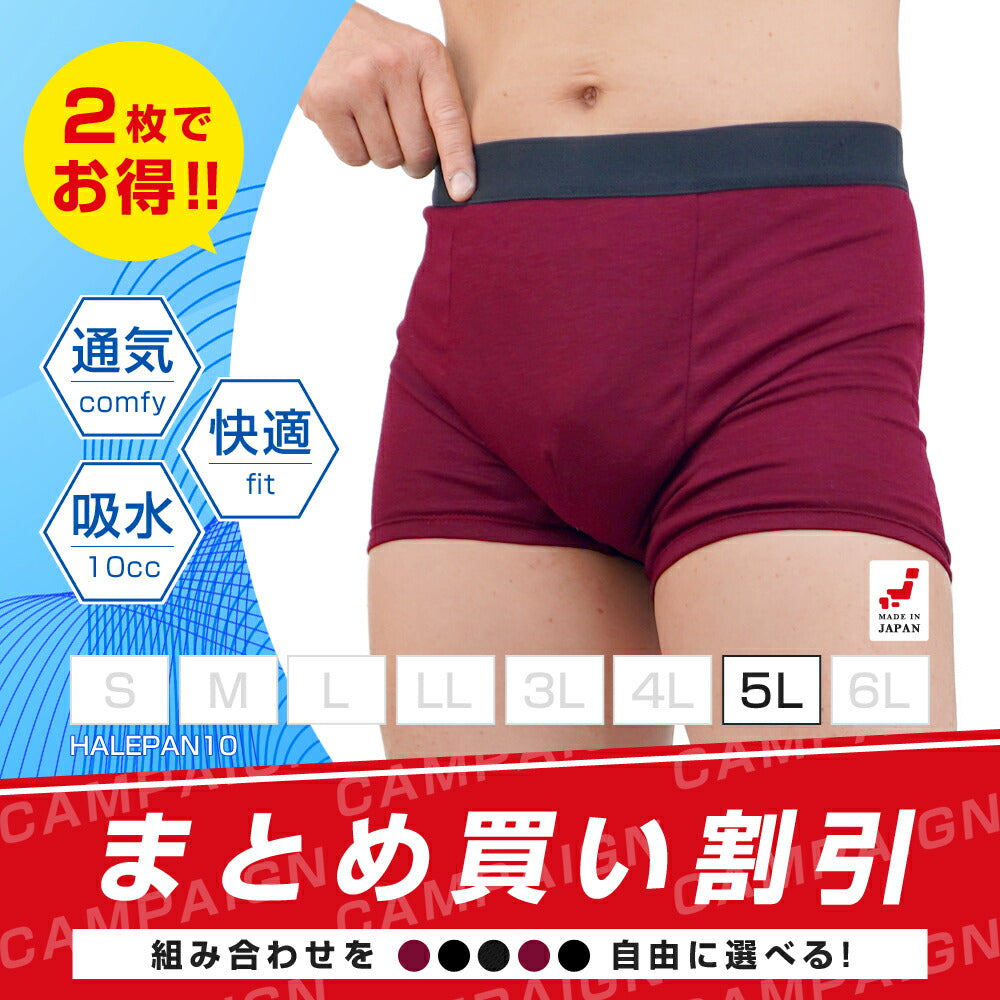 2枚セット | 失禁パンツ 尿漏れパンツ 男性用 大きいサイズ ボクサーパンツ メンズ はれパン 10 追っかけ漏れ 尿ジミ防止 ちょいモレ 昼間おもらし ちびり 尿失禁 防水 日本製 吸水パンツ 10cc 5Lサイズ | メール便送料無料